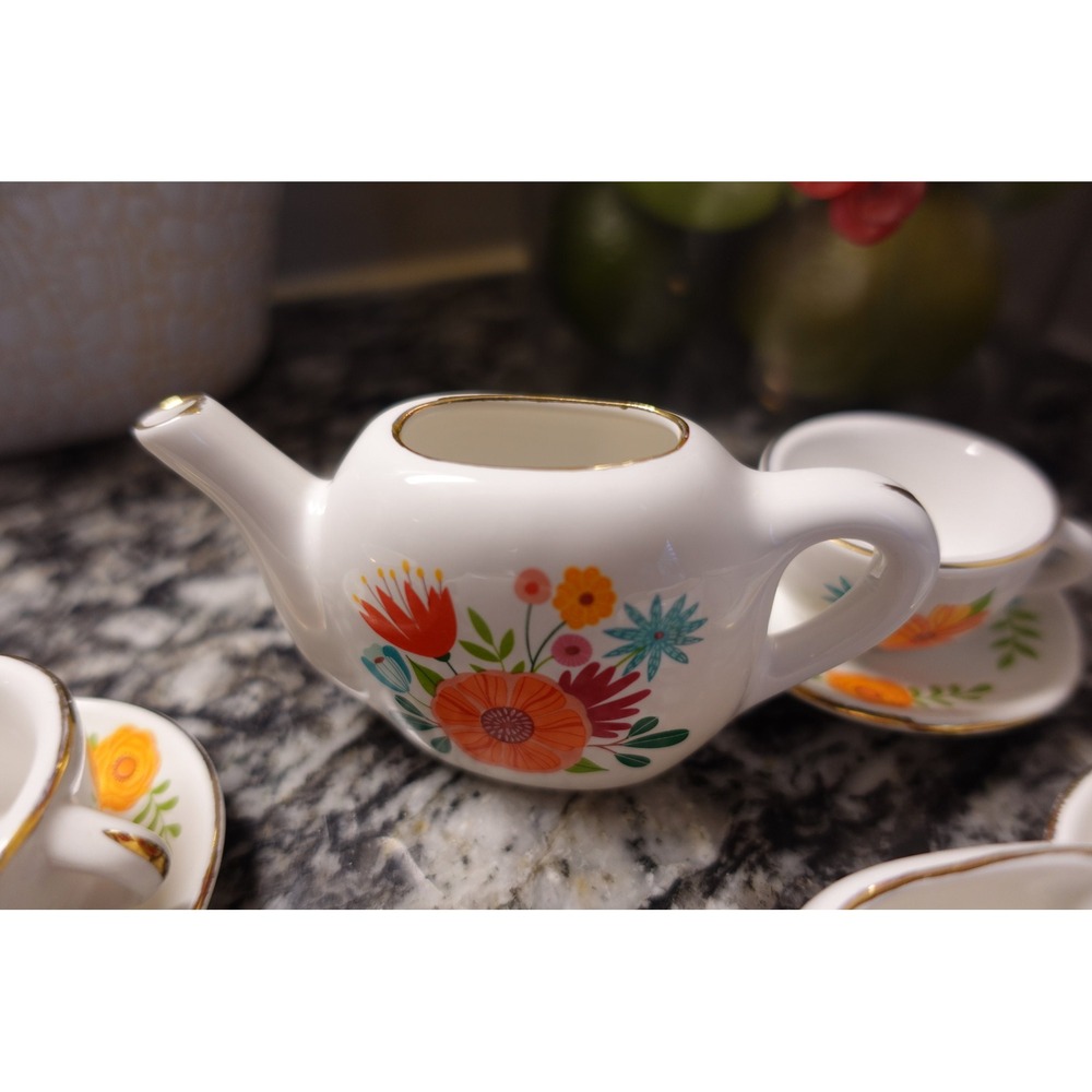 Ceramic Bright Stripes miniature tea set floral pretend playset - Picture 5 of 10
